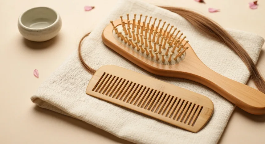 Brosse de massage du cuir chevelu posée sur une serviette